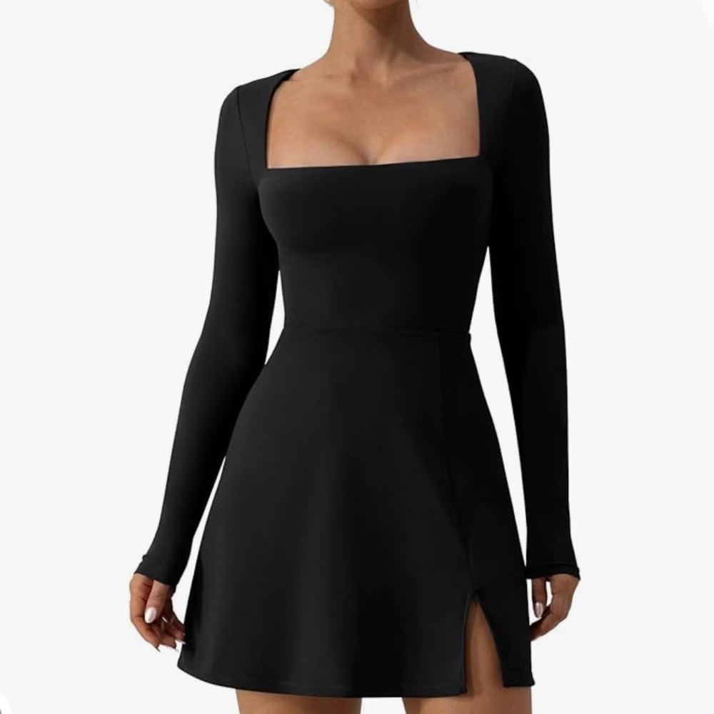 Women’s Black Square Neck Bodice Dress Long Sleeve Side Slit Flare Mini Dress
